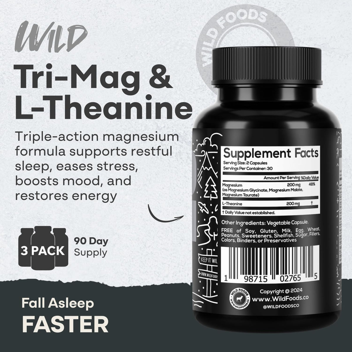 Wild Foods Tri-Mag & L-Theanine – Triple Magnesium Complex for Sleep w/L Theanine – Magnesium Glycinate, Malate, Taurate – 100% Natural – 60 Capsules Wild FoodsBuy Supplements Australia