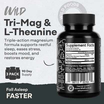 Wild Foods Tri-Mag & L-Theanine – Triple Magnesium Complex for Sleep w/L Theanine – Magnesium Glycinate, Malate, Taurate – 100% Natural – 60 Capsules Wild FoodsBuy Supplements Australia
