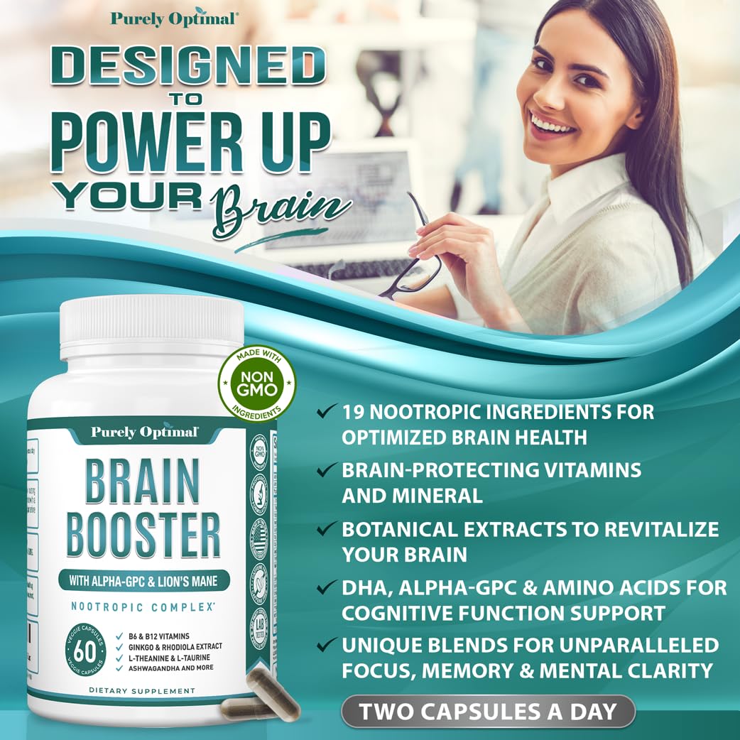 Purely Optimal Brain Booster Nootropic Supplement – Brain Support for Memory, Focus, Clarity, Jitter-Free Energy for Adults, Seniors– with Ginkgo Biloba, Alpha GPC, Lion’s Mane – 60 Capsules Purely OptimalBuy Supplements Australia
