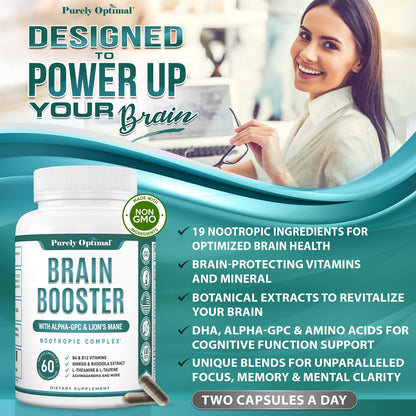 Purely Optimal Brain Booster Nootropic Supplement – Brain Support for Memory, Focus, Clarity, Jitter-Free Energy for Adults, Seniors– with Ginkgo Biloba, Alpha GPC, Lion’s Mane – 60 Capsules Purely OptimalBuy Supplements Australia