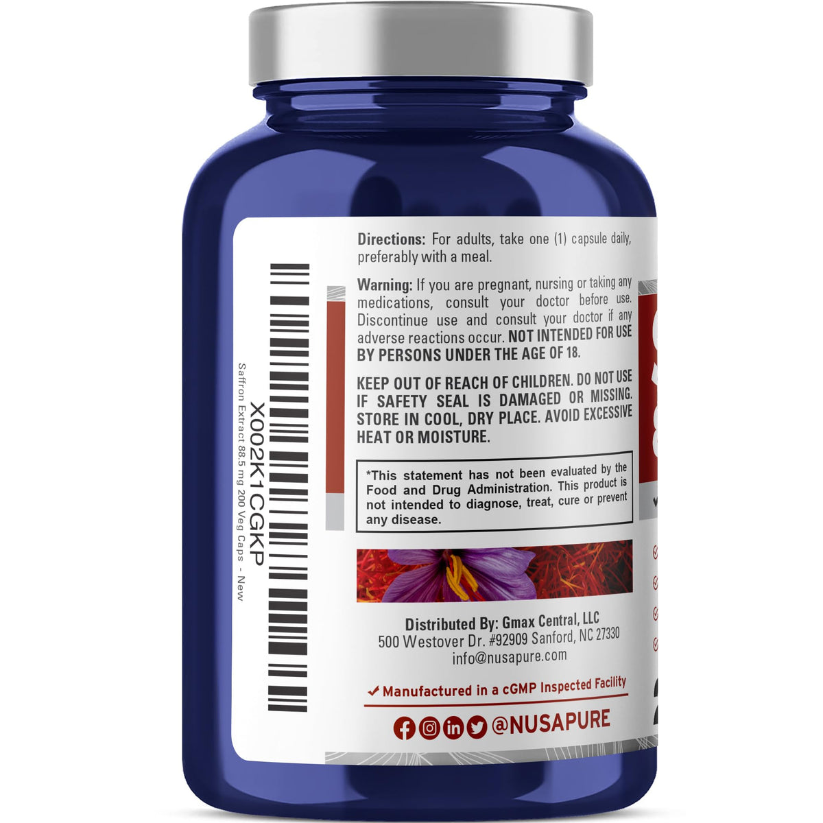 NusaPure Saffron Extract 88.5mg 200 Veggie Caps (Vegetarian, Non-GMO, Vegan) NusaPureBuy Supplements Australia