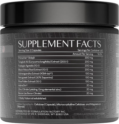 Formulation Factory Self Obsessed Maxxed Male Support - PrimaVie Shilajit, KSM-66 Ashwagandha & 200:1 Tongkat Ali Extract - Advanced Vitality & Drive Complex - 120 Capsules, 2 Month Supply Formulation FactoryBuy Supplements Australia