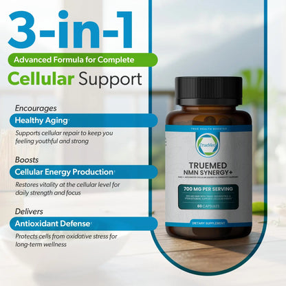 TRUEMED NMN Synergy+ 700mg – Premium NMN Supplement with Resveratrol & Pterostilbene | Advanced NAD+ Supplement for Cellular Energy, & Wellness Support | Non-GMO, Vegan, 60 Capsules TRUEMEDBuy Supplements Australia