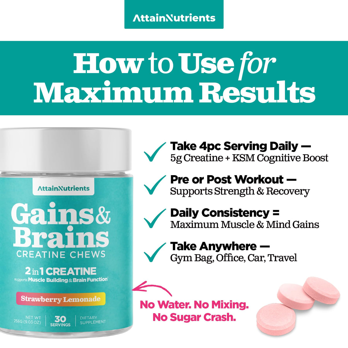 Creatine Chews - 5000mg Creatine Monohydrate Tablets for Men & Women with Ashwagandha KSM-66 - Low Sugar Muscle Support & Cognitive Boost - Gummy Alternative - 120 Count (Strawberry Lemonade) Attain NutrientsBuy Supplements Australia