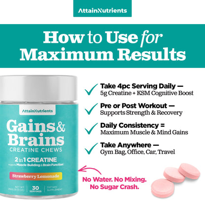 Creatine Chews - 5000mg Creatine Monohydrate Tablets for Men & Women with Ashwagandha KSM-66 - Low Sugar Muscle Support & Cognitive Boost - Gummy Alternative - 120 Count (Strawberry Lemonade) Attain NutrientsBuy Supplements Australia