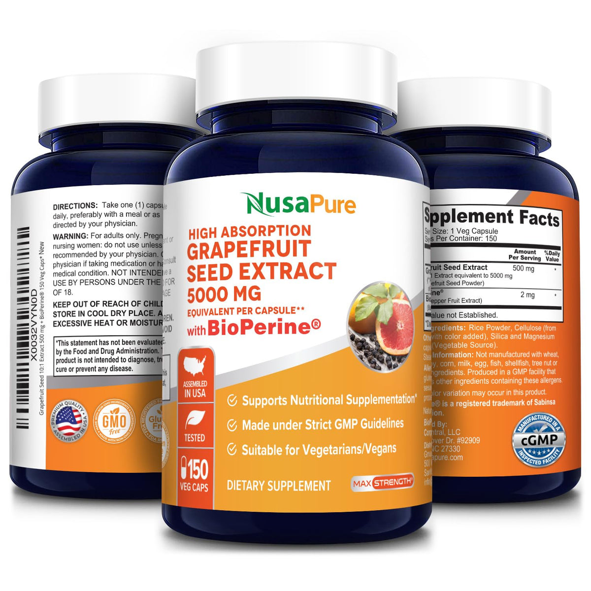 NusaPure Grapefruit Extract 5,000 mg per Capsule (Extract 10:1) Bioperine 150 Veggie caps (Gluten Free & Non-GMO) NusaPureBuy Supplements Australia