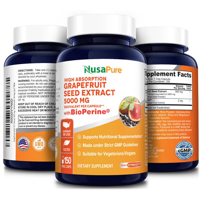 NusaPure Grapefruit Extract 5,000 mg per Capsule (Extract 10:1) Bioperine 150 Veggie caps (Gluten Free & Non-GMO) NusaPureBuy Supplements Australia