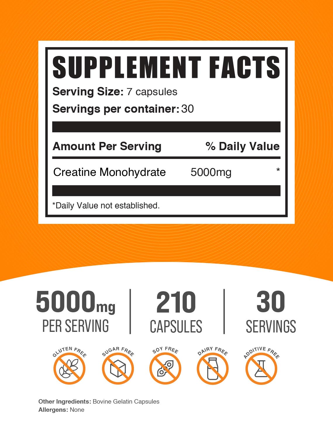 BulkSupplements.com Creatine Monohydrate Capsules - Micronized Creatine Monohydrate, Sports Nutrition - 7 Capsules per Serving, 5000mg, Gluten Free, 210 Count (Pack of 1) BulkSupplementsBuy Supplements Australia