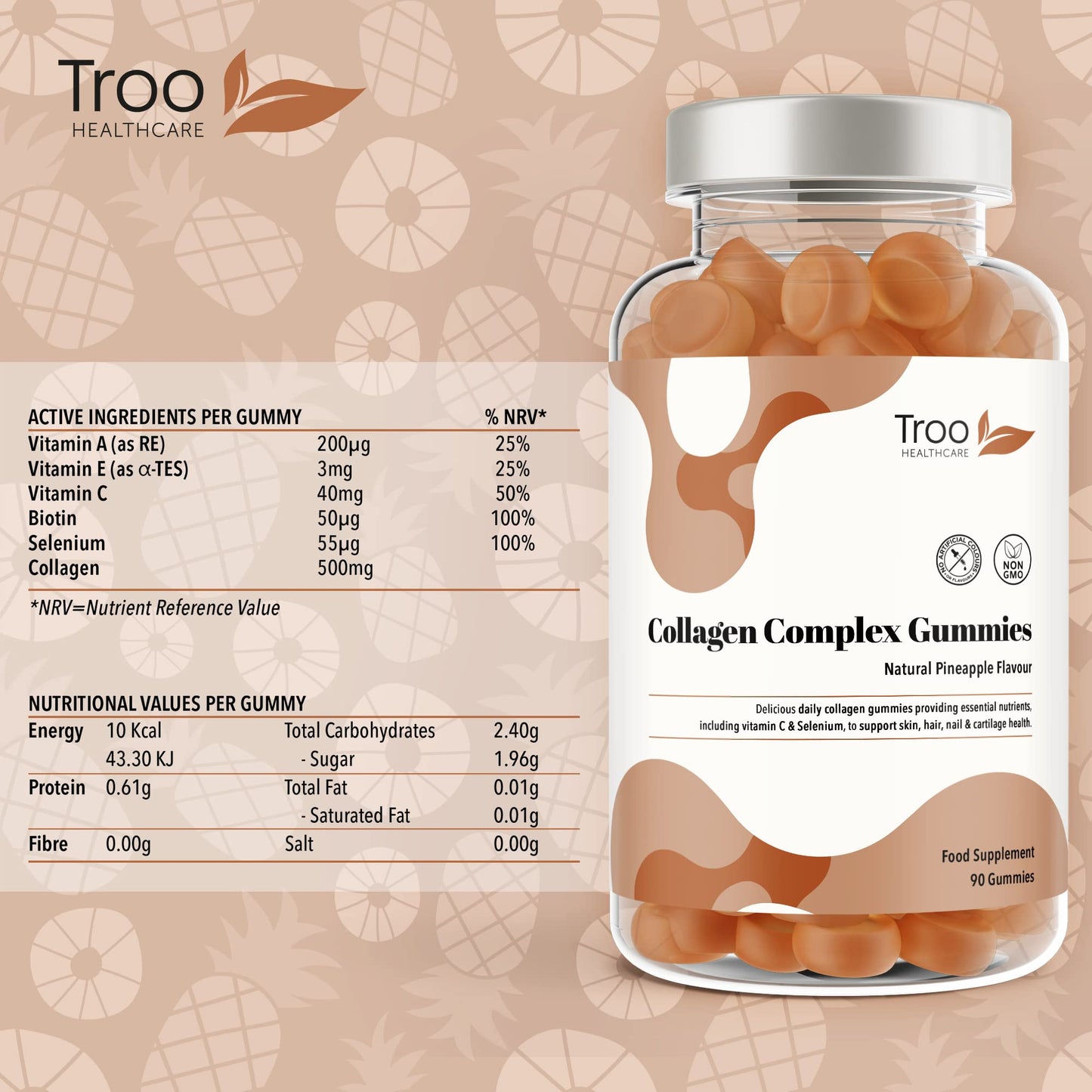Hydrolysed Collagen Complex - 90 Natural Pineapple Flavour Chewable Gummies - One Per Day with Biotin, Vitamin C and Selenium Troo Health CareBuy Supplements Australia