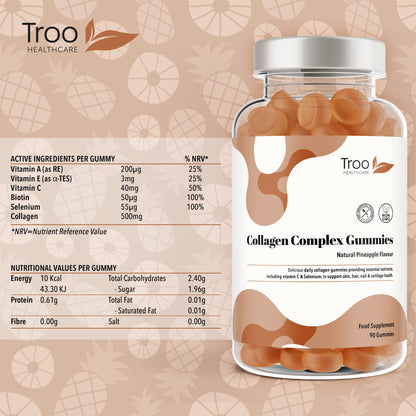 Hydrolysed Collagen Complex - 90 Natural Pineapple Flavour Chewable Gummies - One Per Day with Biotin, Vitamin C and Selenium Troo Health CareBuy Supplements Australia