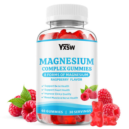 Bottle of YXSW Magnesium Complex Gummies with raspberry flavor on a white background