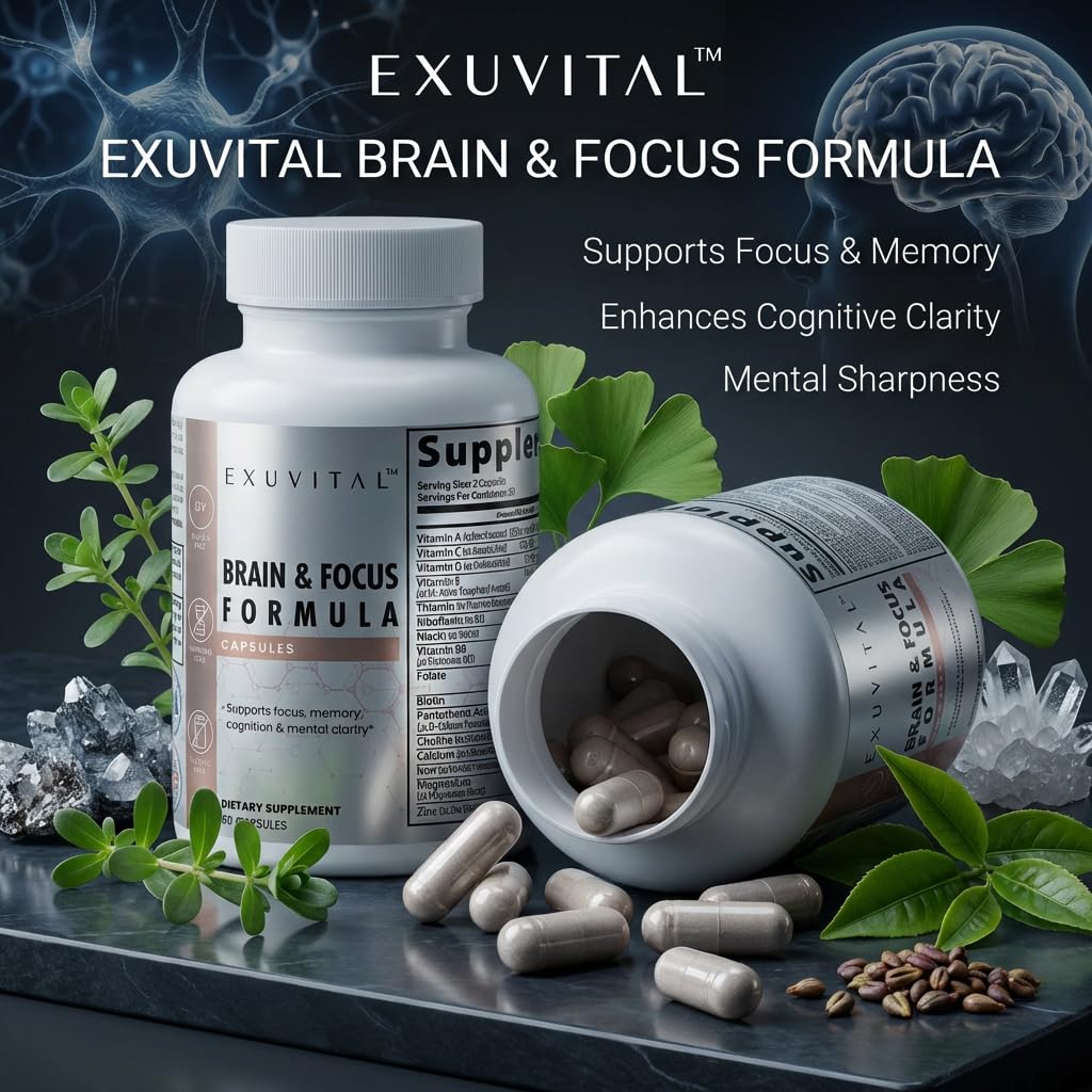 EXUVITAL Brain & Focus Formula, Veggie Capsules, 60 Count, Nootropic Supplement with Vitamins, Minerals and Proprietary Blend for Clarity, Memory, Cognition and Mental Focus EXUVITALBuy Supplements Australia