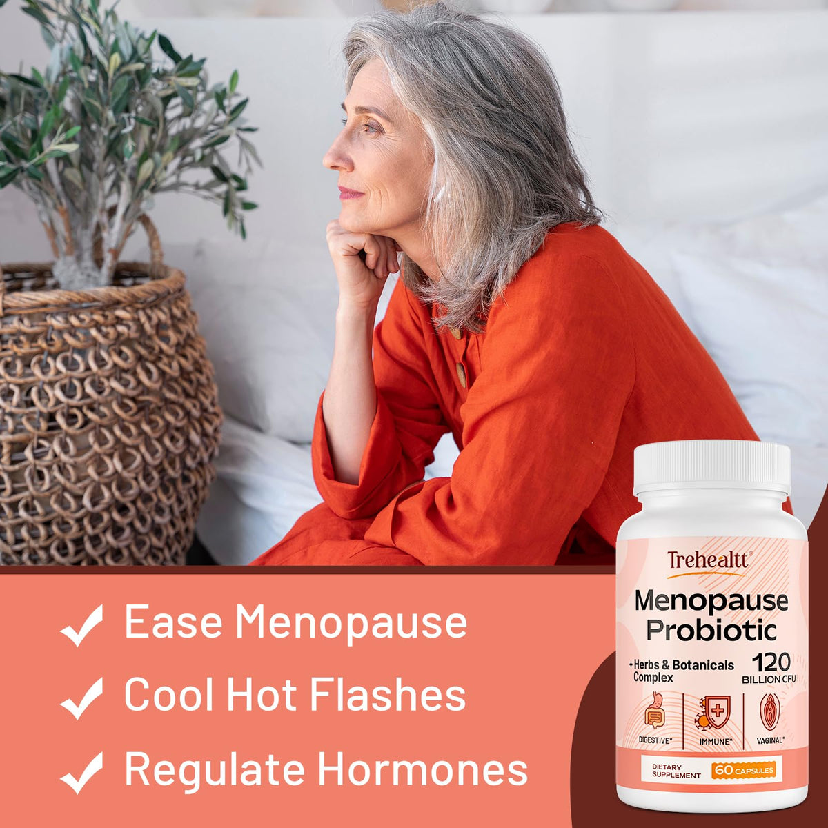 Menopause supplements for women, 120 Billion CFU Probiotic, 13-in-1 Herbs & Botanicals Complex, for Hormone Menopause, Hot Flashes, Night Sweats, Mood Swings, Sleep Disturbances, Vegan, 60 Capsules TrehealttBuy Supplements Australia