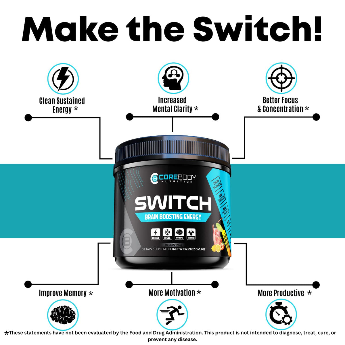 Switch, Brain Boosting Nootropic Energy Supplement Powder - Made in USA - Alpha GPC, NALT, Ashwagandha, Sugar Free Energy, Keto, Increase Mental Focus & Cognitive Function, Enhances Mood & Memory CoreBody NutritionBuy Supplements Australia