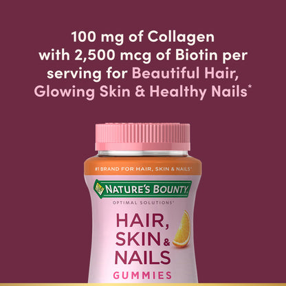 Nature's Bounty Optimal Solutions Hair, Skin & Nails with Biotin and Collagen, Citrus-Flavored Gummies Vitamin Supplement, 2500 mcg, 80 Ct, 40 Total Servings Nature's BountyBuy Supplements Australia