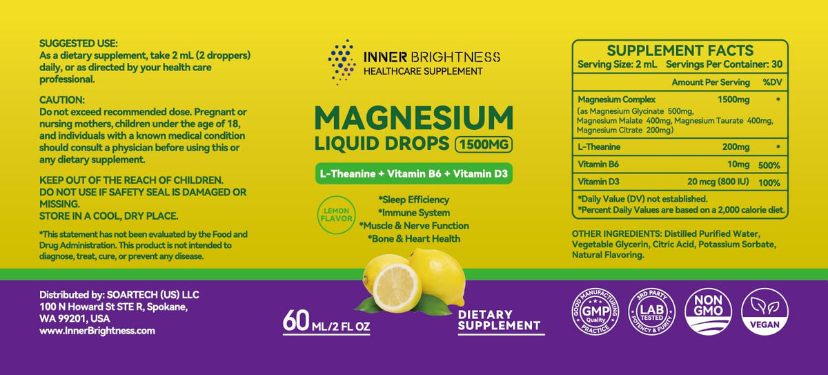 Magnesium Glycinate Liquid Drops 1500mg with Magnesium Citrate & Taurate, L-Theanine, Vitamin D3, B6 - Supports Calm, Sleep, Muscle Relaxation, Leg Cramps & Energy, Lemon Flavor, 60 mL Inner BrightnessBuy Supplements Australia
