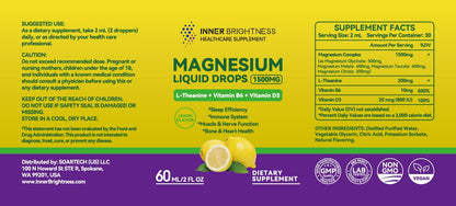 Magnesium Glycinate Liquid Drops 1500mg with Magnesium Citrate & Taurate, L-Theanine, Vitamin D3, B6 - Supports Calm, Sleep, Muscle Relaxation, Leg Cramps & Energy, Lemon Flavor, 60 mL Inner BrightnessBuy Supplements Australia