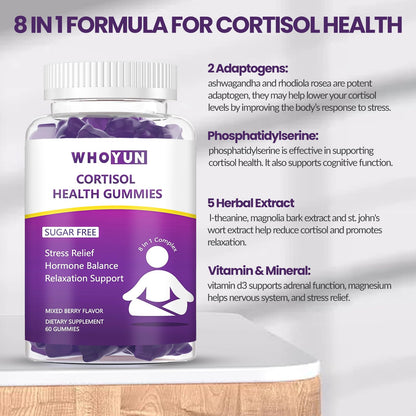 Whoyun Cortisol Supplement Gummies for Women, Lower Cortisol with Phosphatidylserine Ashwagandha Magnesium, Stress Relief, Vegan Sugar Free, 60 Count WhoyunBuy Supplements Australia