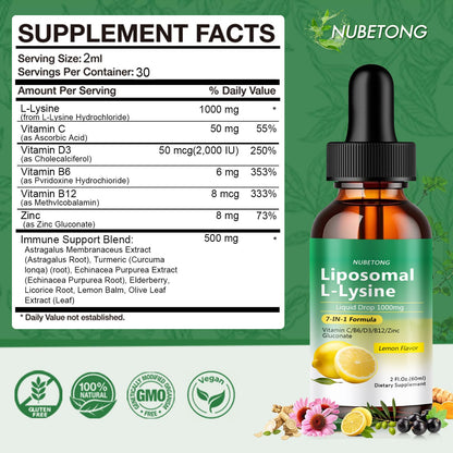 Liposomal L-Lysine 1000mg Liquid Drops, 7-in-1 Lysine Supplement for Adults with Vitamin C/B6/D3/B12 & Zinc Gluconate, Immune Support, Collagen Synthesis & Skin Lip Health, Lemon Flavor, 2 Fl Oz
