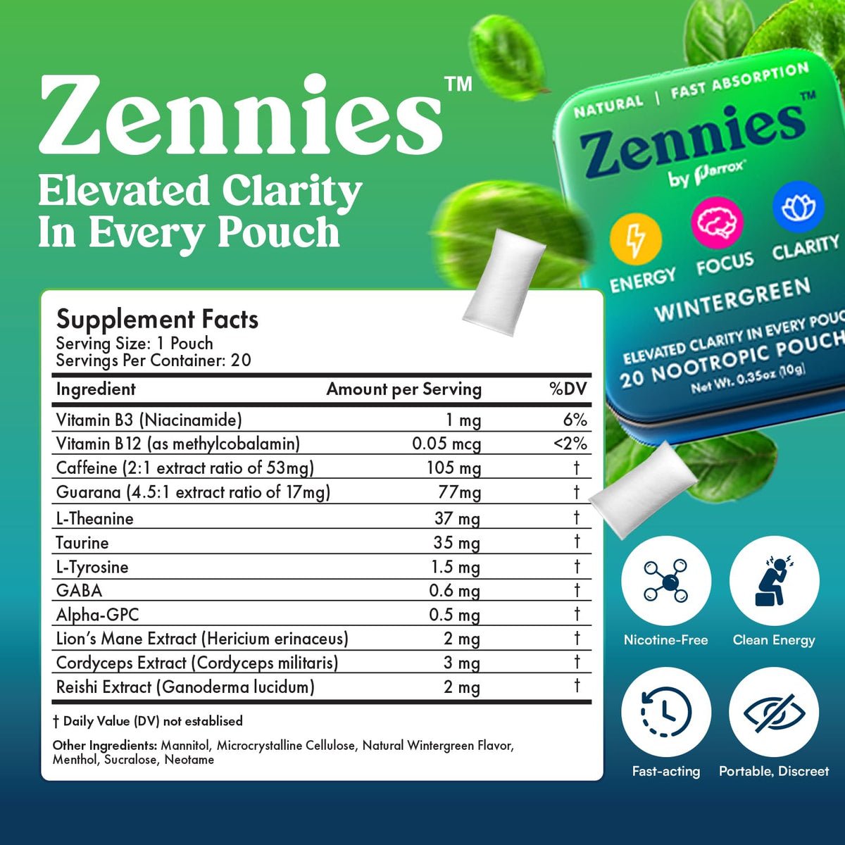 Zennies Caffeine Nootropic Pouches with Alpha GPC, L-Tyrosine & L-Theanine, Lion's Mane, Cordyceps, Reishi - Nicotine Free, No Sugar or Artificial Sweeteners Nootropic Energy Pouches, Wintergreen 1 PK ParroxBuy Supplements Australia