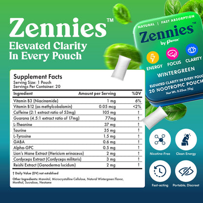 Zennies Caffeine Nootropic Pouches with Alpha GPC, L-Tyrosine & L-Theanine, Lion's Mane, Cordyceps, Reishi - Nicotine Free, No Sugar or Artificial Sweeteners Nootropic Energy Pouches, Wintergreen 1 PK ParroxBuy Supplements Australia