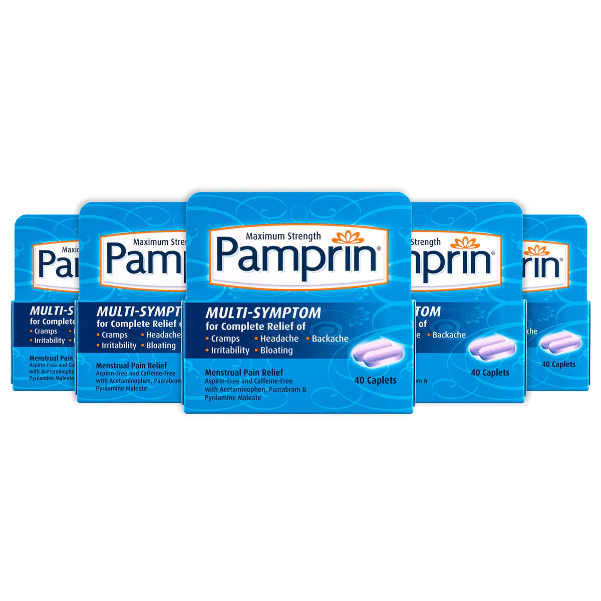 Pamprin Multi-Symptom Formula, with Acetaminophen, Menstrual Period Symptoms Relief including Cramps, Pain, Irritability and Bloating, 40 Caplets (Pack of 5) PamprinBuy Supplements Australia