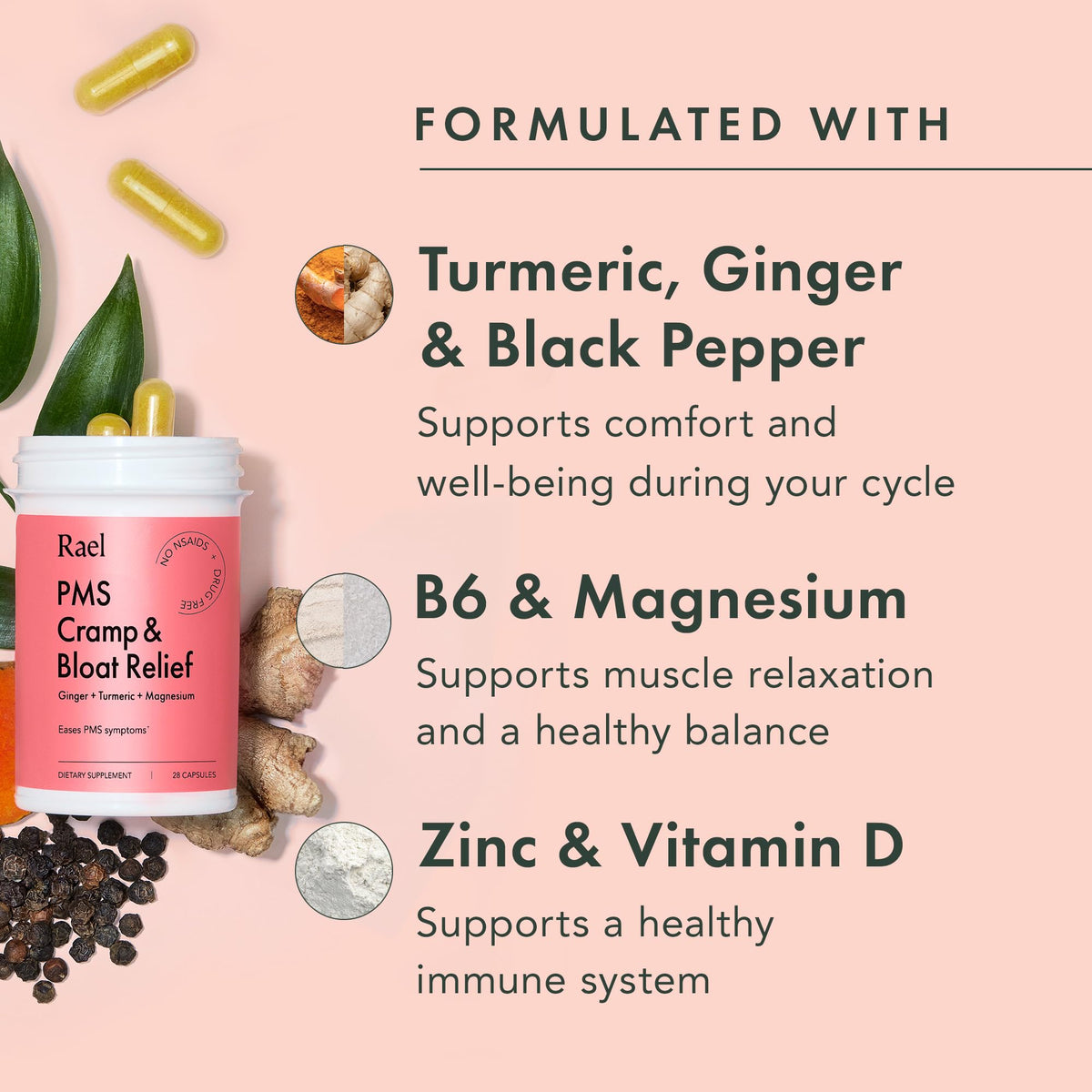 Rael PMS Supplement, Hormone Balance for Women, Relief from Menstrual Cramps with Turmeric, Ginger, Magnesium (28 Capsules) RaelBuy Supplements Australia