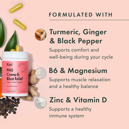 Rael PMS Supplement, Hormone Balance for Women, Relief from Menstrual Cramps with Turmeric, Ginger, Magnesium (28 Capsules) RaelBuy Supplements Australia