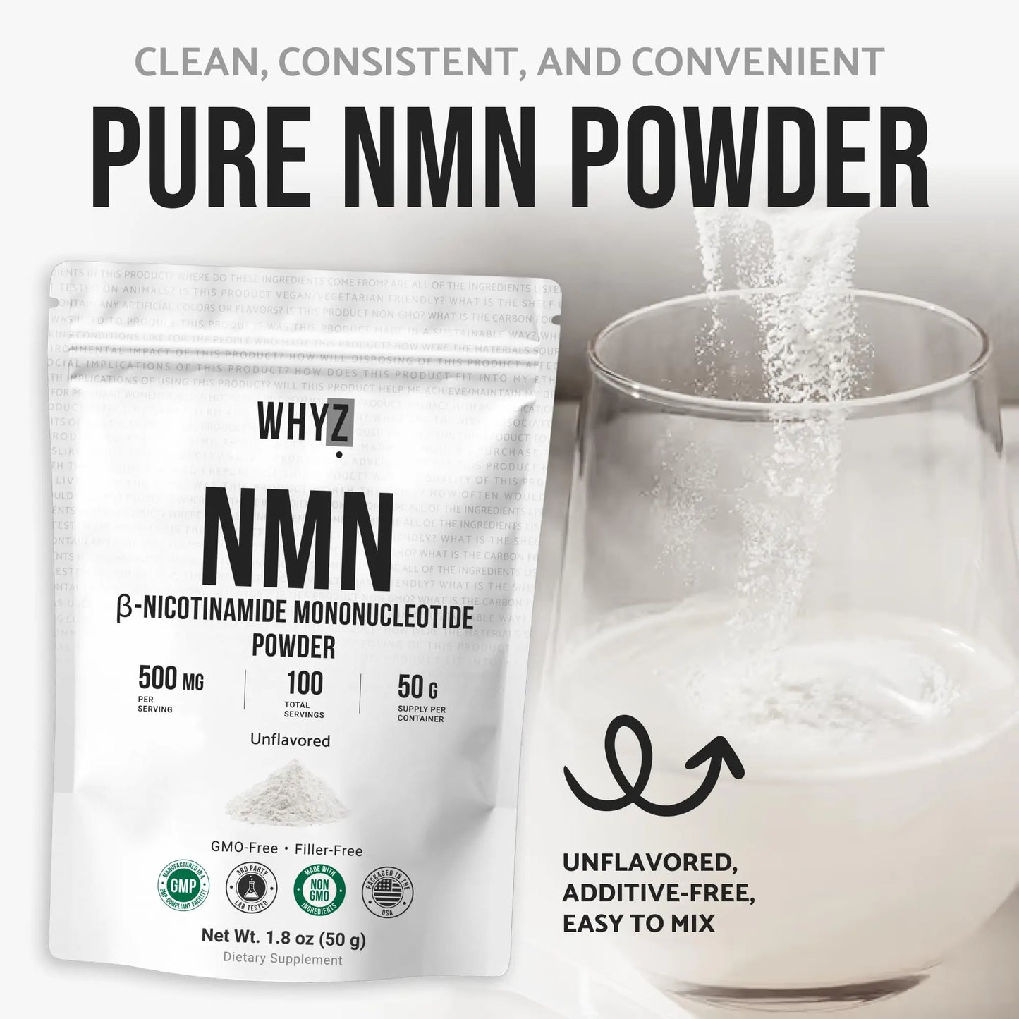 Pure NMN Powder Nicotinamide Mononucleotide Quick Dissolved NMN Supplement Powder 100% Unflavored NMN Supplement Supports NAD+ Levels Vegan Friendly Non-GMO, 50g WHYZBuy Supplements Australia
