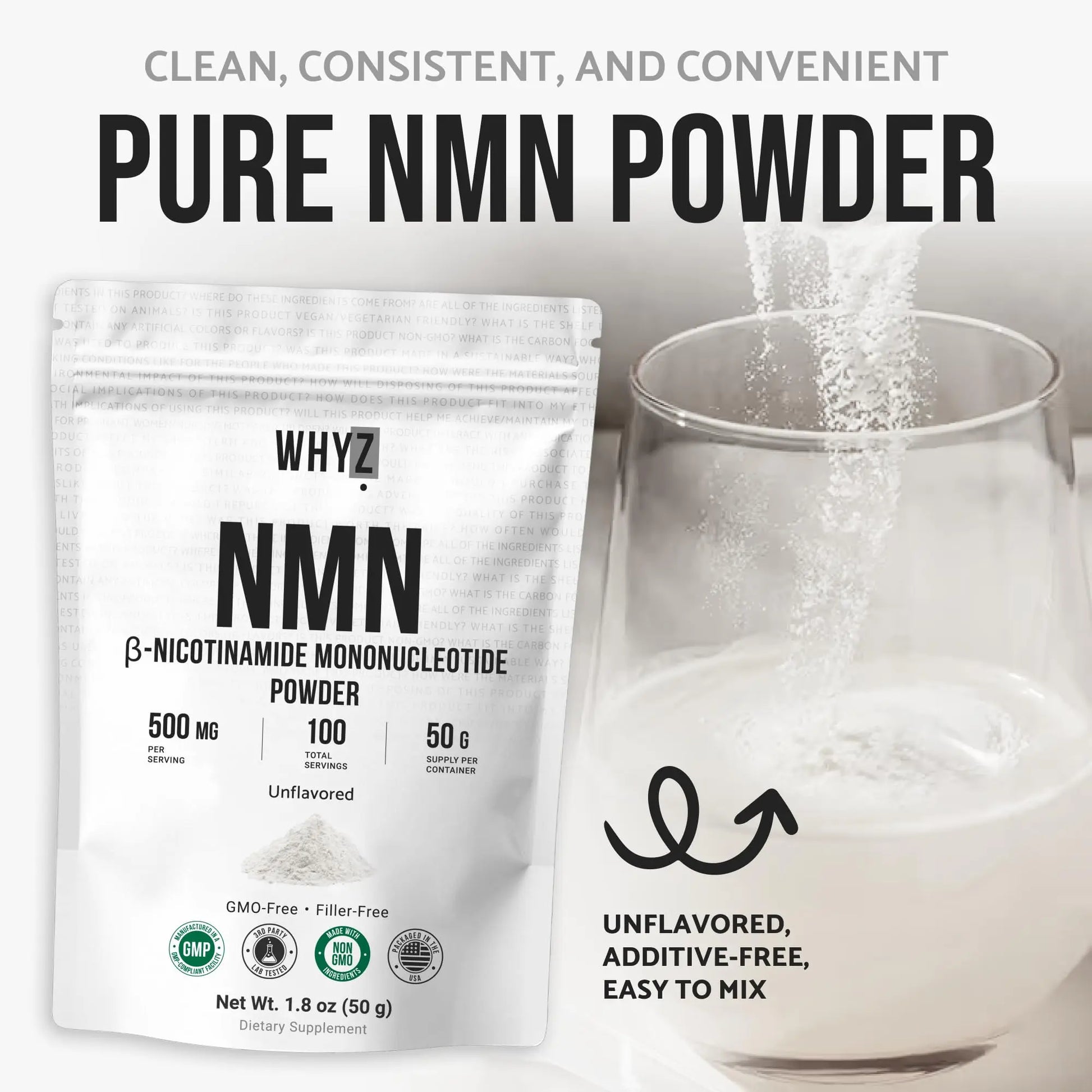 Pure NMN Powder Nicotinamide Mononucleotide Quick Dissolved NMN Supplement Powder 100% Unflavored NMN Supplement Supports NAD+ Levels Vegan Friendly Non-GMO, 50g WHYZBuy Supplements Australia