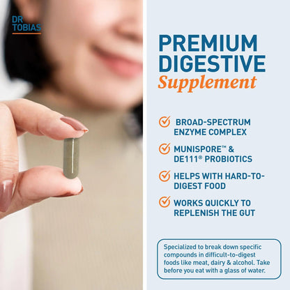 Dr. Tobias Digestive Enzymes with Probiotics, Prebiotics and Postbiotics Bromelain, Amylase, Lipase, for Better Digestion & Immune Function, 60 Capsules, 30 Servings (2 Daily) Dr. TobiasBuy Supplements Australia