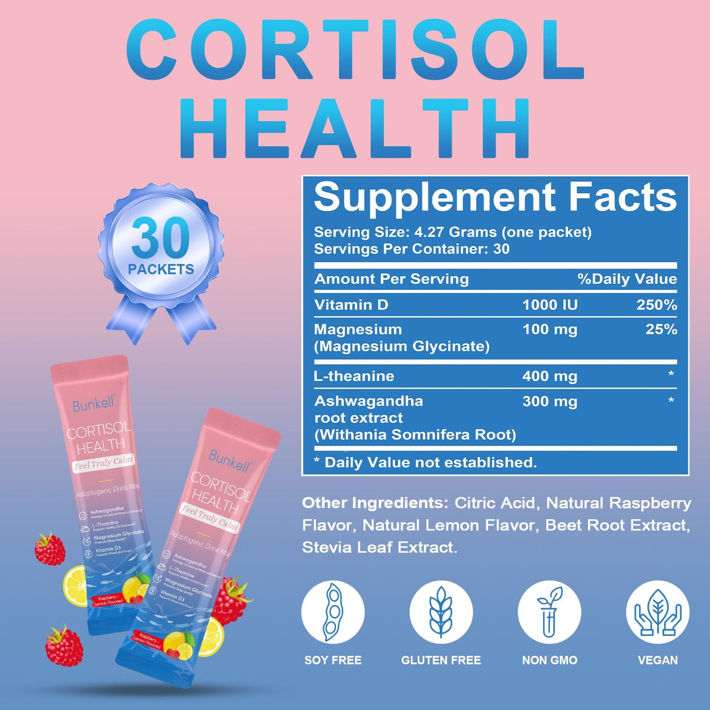 Bunkell Cortisol Powdered Drink Mix, Made with Magnesium Glycinate, L-Theanine, Ashwagandha & Vitamin D3, Cortisol Supplements for Relaxation, Focus & Calm Support, Raspberry Lemonade Flavor, 30 Ct BunkellBuy Supplements Australia