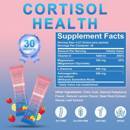 Bunkell Cortisol Powdered Drink Mix, Made with Magnesium Glycinate, L-Theanine, Ashwagandha & Vitamin D3, Cortisol Supplements for Relaxation, Focus & Calm Support, Raspberry Lemonade Flavor, 30 Ct BunkellBuy Supplements Australia