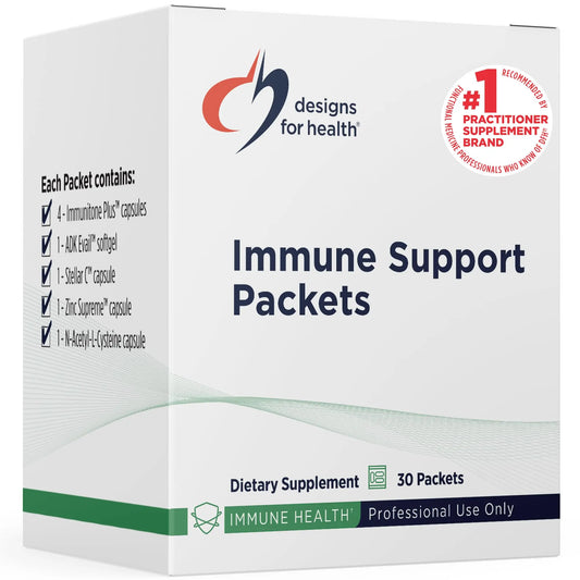 Box of immune support packets by Designs for Health on a white background