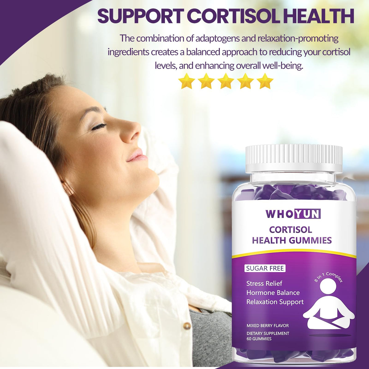 Whoyun Cortisol Supplement Gummies for Women, Lower Cortisol with Phosphatidylserine Ashwagandha Magnesium, Stress Relief, Vegan Sugar Free, 60 Count WhoyunBuy Supplements Australia