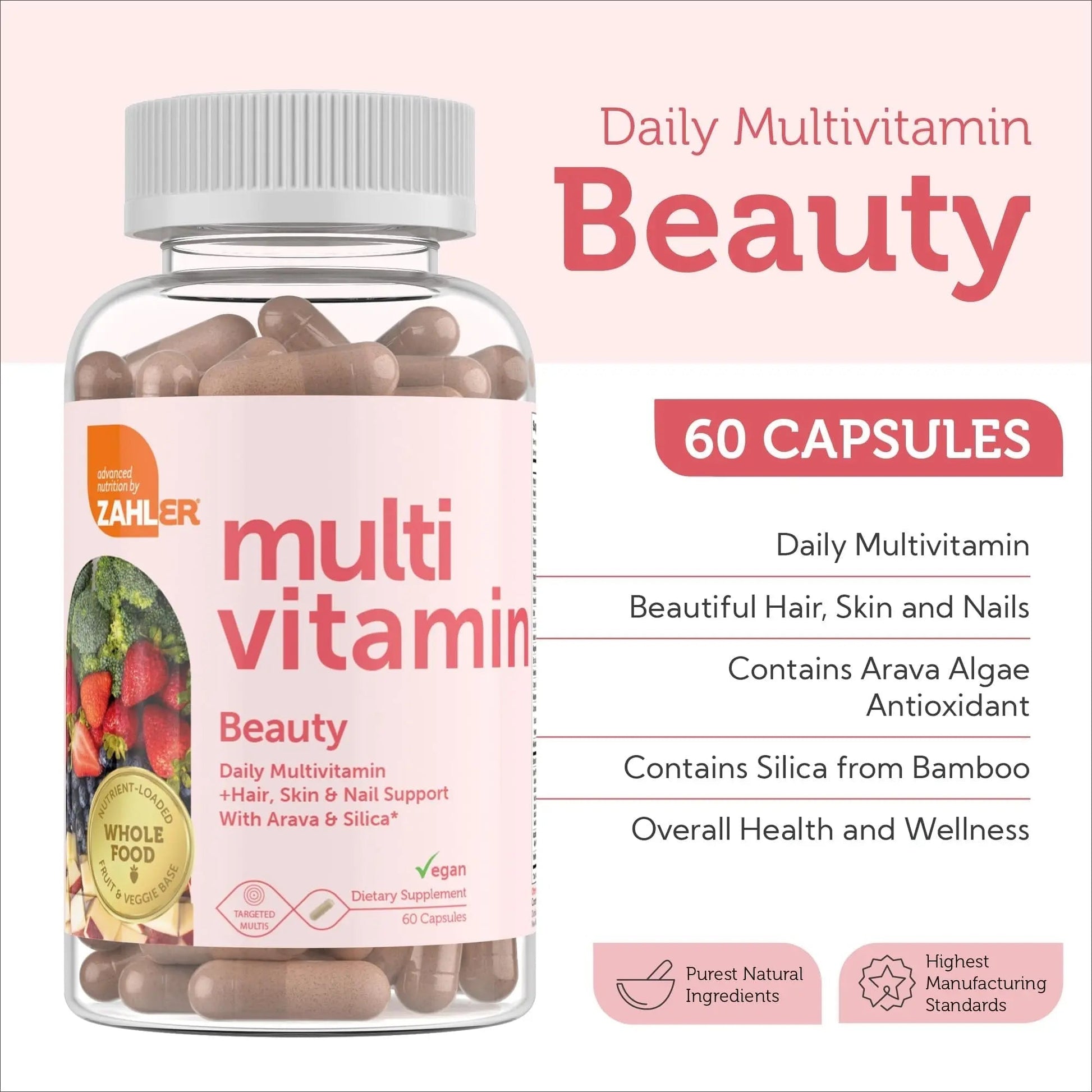 Zahler Multivitamin Beauty + Skin Hair and Nails Support, Multivitamin for Women and Men with Iron, Certified Kosher, 60 Capsules Zahler