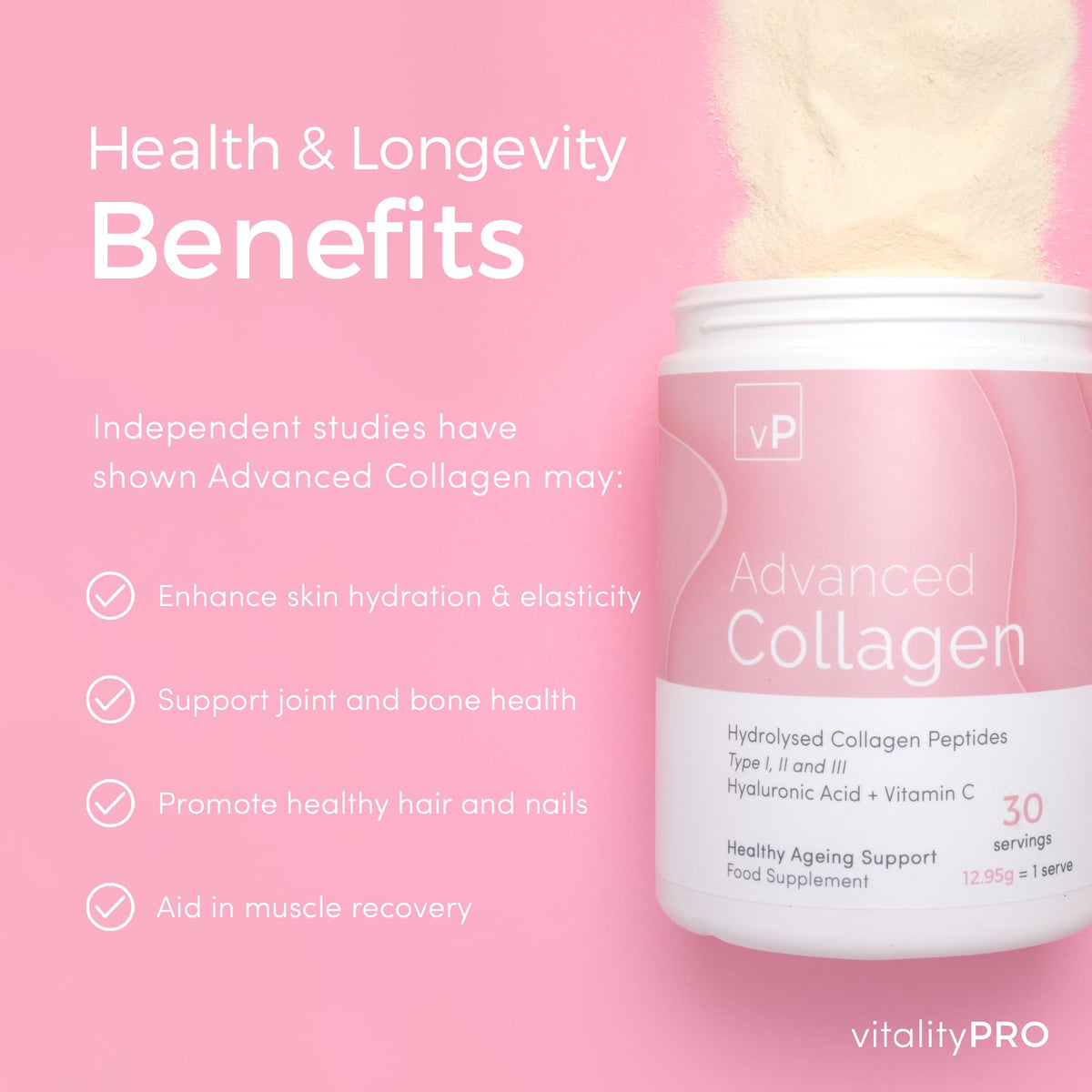 Advanced Collagen with Hyaluronic Acid - 12.95g x 30 Servings - Type 1 2 3 vP Vitality ProBuy Supplements Australia