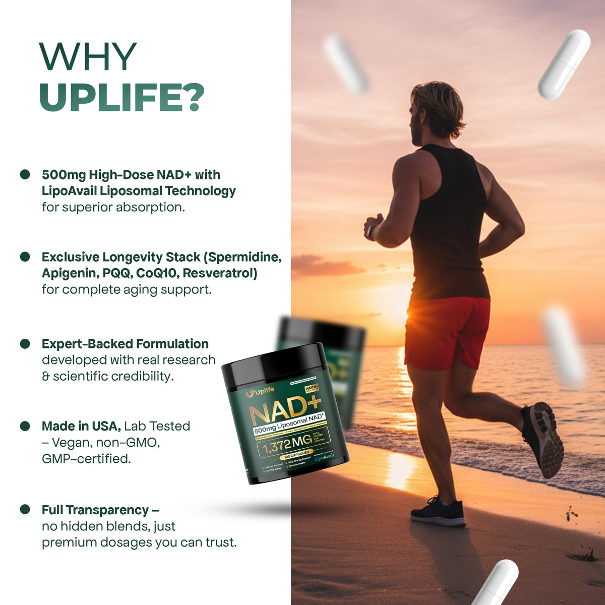 UPLIFE NAD+ Supplement 1,372mg – Liposomal NAD+ with CoQ10, Resveratrol, Spermidine, L-Theanine, Apigenin & PQQ – NMNH Alternative Booster Cellular Energy, Healthy Aging, Immune Health – 120 Capsules UPLIFEBuy Supplements Australia