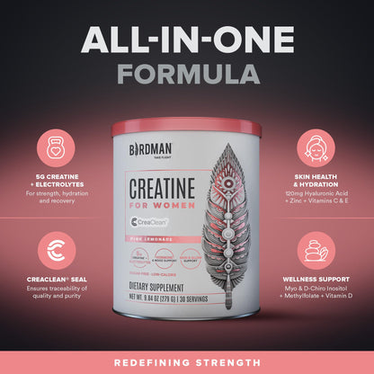 BIRDMAN Creatine for Women | Creatine Monohydrate Powder with Myo & D-Chiro Inositol, Hyaluronic Acid, Zinc, Electrolytes and Vitamins | Sugar Free, Pink Lemonade | 30 Servings BIRDMANBuy Supplements Australia
