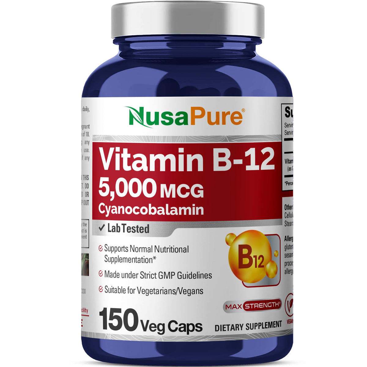 NusaPure Vitamin B12-5000 MCG 150 Veggie Capsules (Non-GMO, Vegan) - Max Strength Vitamin B12 NusaPureBuy Supplements Australia
