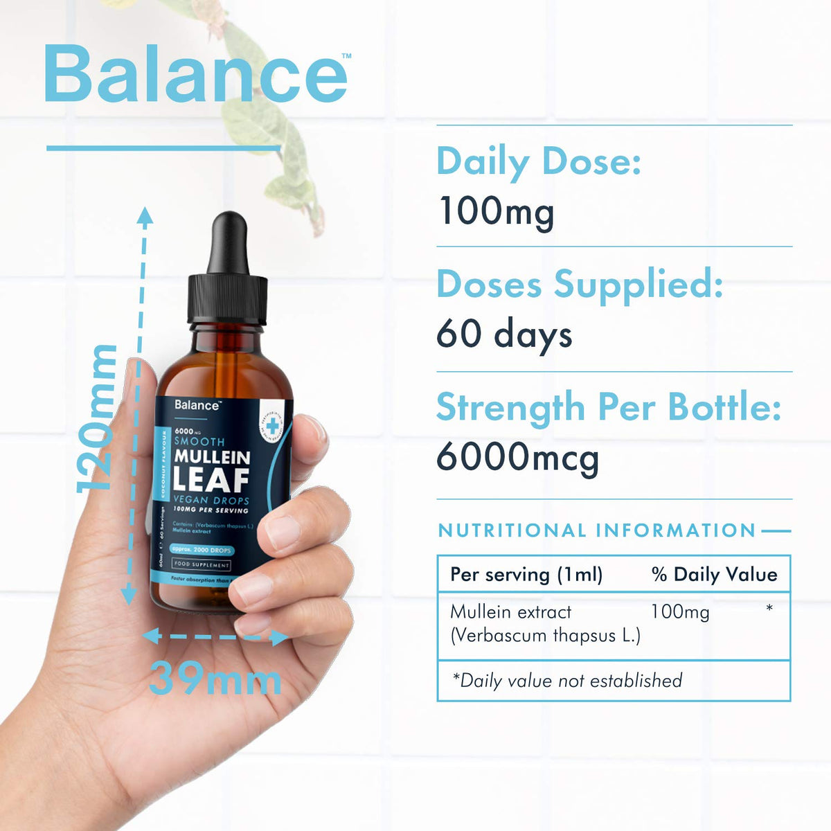Balance Mullein Leaf Liquid Drops - 60ml for 2 Month Supply - High Strength - Vegan BalanceBuy Supplements Australia
