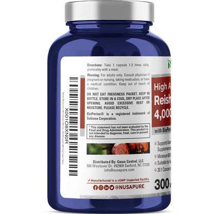 NusaPure Reishi Mushroom Extract 20:1 Extract, 200 mg Equivalent to 4000mg per Capsule 300 Veggie Caps Vegan, Non-GMO, Vegan NusaPureBuy Supplements Australia