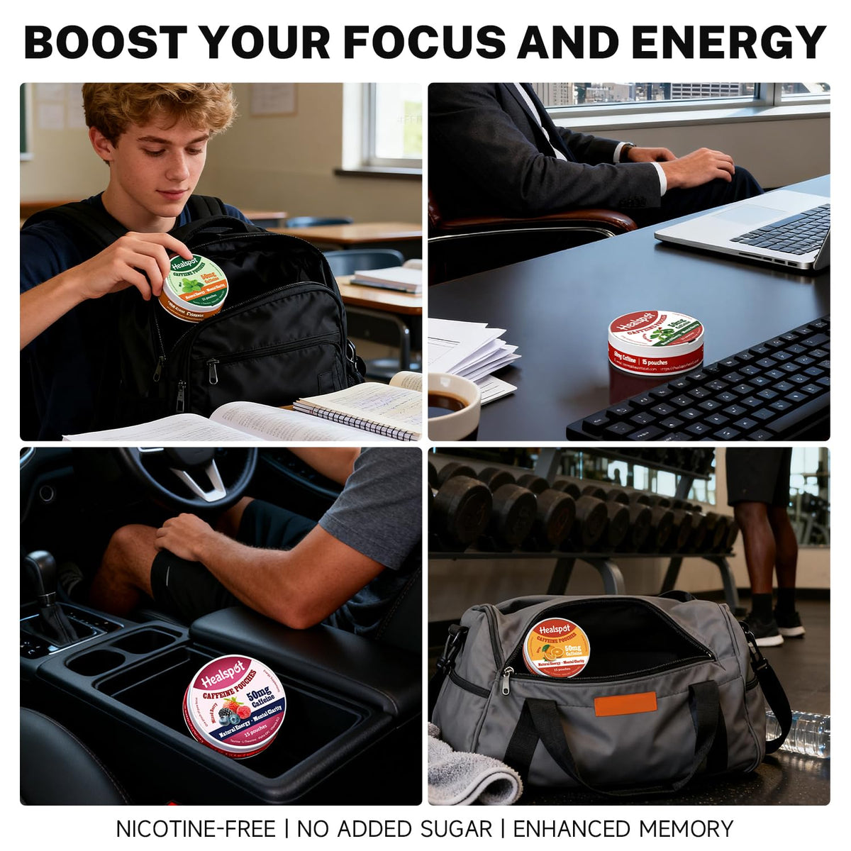 Healspot Nootropic Caffeine Pouches, Energy Pouches with 50mg Caffeine | Taurine | Vitamin B12 | Alpha-GPC | L-Theanine, Focus and Energy Supplements Variety Packs 5 Flavors HealspotBuy Supplements Australia
