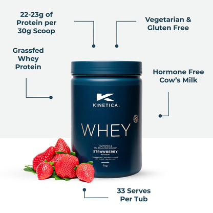 Kinetica Premium Whey Protein Powder | Grass Fed | Strawberry | 1kg | 33 Servings KineticaBuy Supplements Australia
