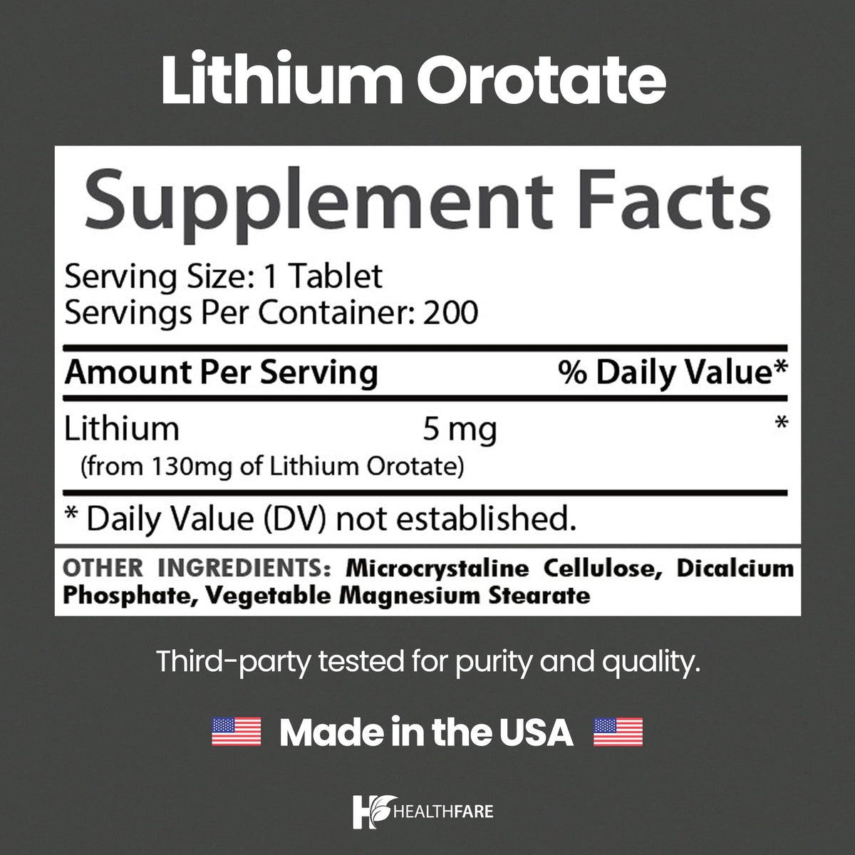 HealthFare Lithium Orotate Supplement 130mg | 200 Vegetarian Tablets | High Bioavailability Trace Mineral | Mood, Brain & Memory Support