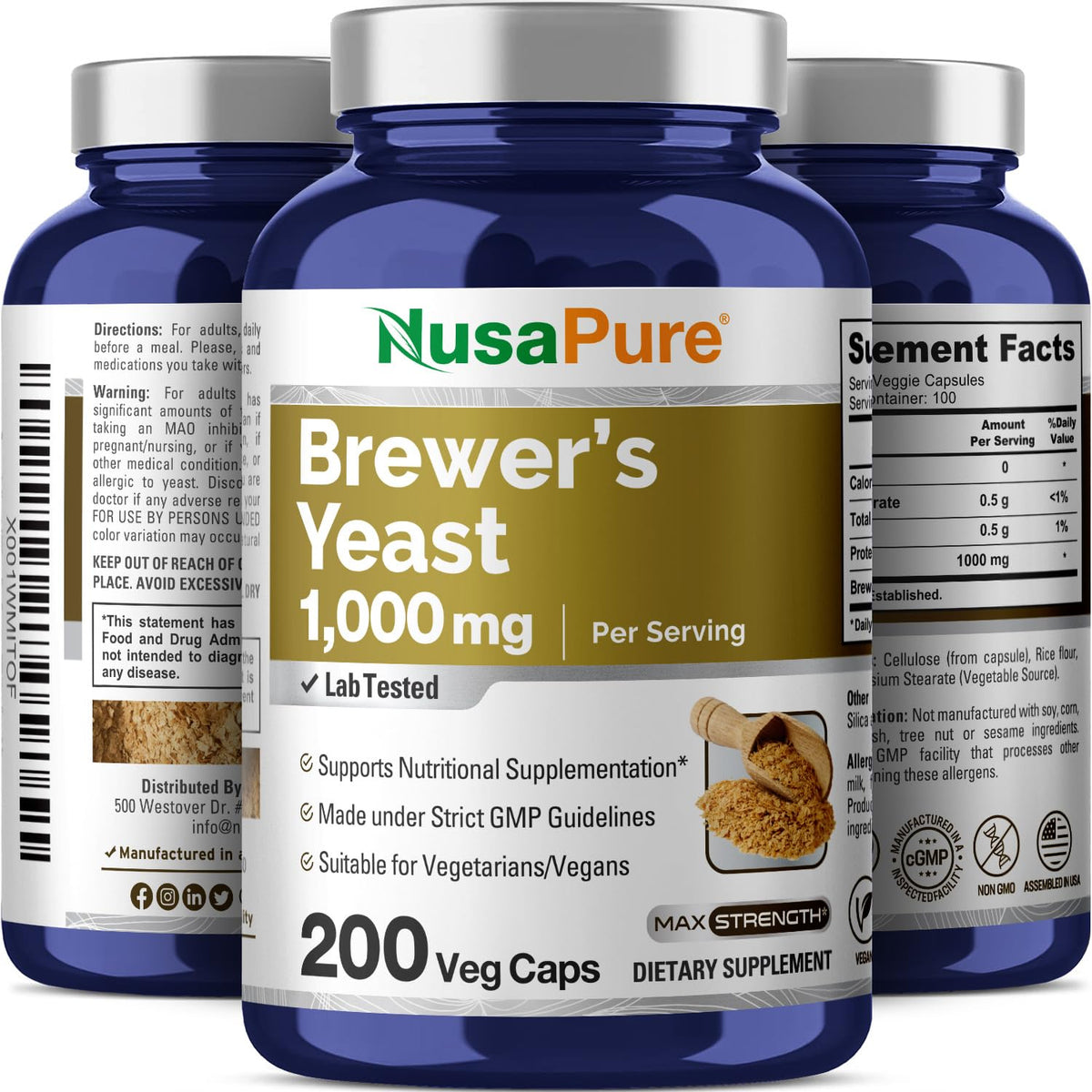 NusaPure Brewer’s Yeast - Suitable for Vegetarian/Vegan, Non - GMO - 1000mg 200 Capsules NusaPureBuy Supplements Australia