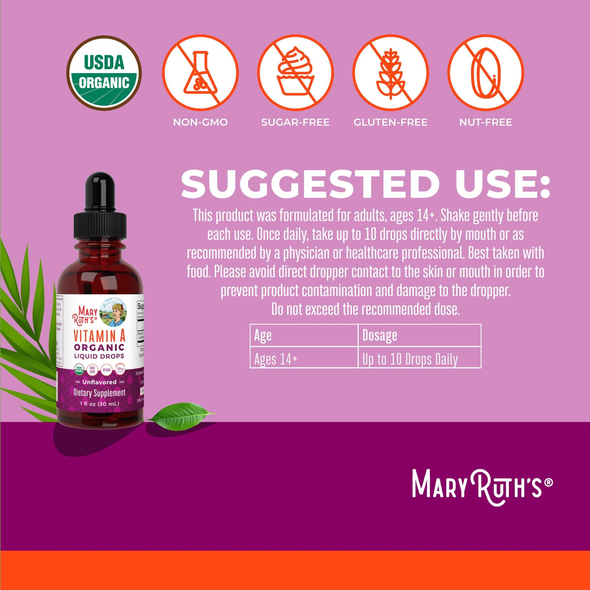 MaryRuth Organics USDA Organic Vitamin A Liquid Drops | 3 Month Supply | Bone Health for Ages 14+ | Essential Vitamin | 750mcg per Serving | Sugar Free | Vegan | Non-GMO | Gluten Free | 1oz MARYRUTH'SBuy Supplements Australia