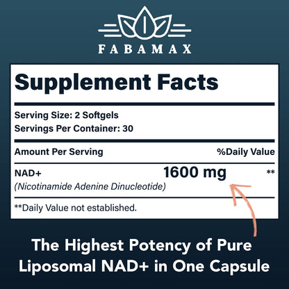 Fabamax 1600 mg Liposomal NAD Supplement, 98% Pure NAD+ Supplement, Superior Absorption, Alternative to Nicotinamide Riboside or NADH to Boost NAD+ for Aging Defense, Energy, Longevity, 120 Softgels FabamaxBuy Supplements Australia