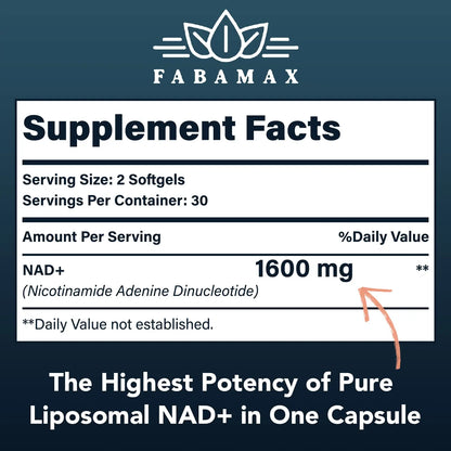 Fabamax 1600 mg Liposomal NAD Supplement, 98% Pure NAD+ Supplement, Superior Absorption, Alternative to Nicotinamide Riboside or NADH to Boost NAD+ for Aging Defense, Energy, Longevity,60 Softgels FabamaxBuy Supplements Australia