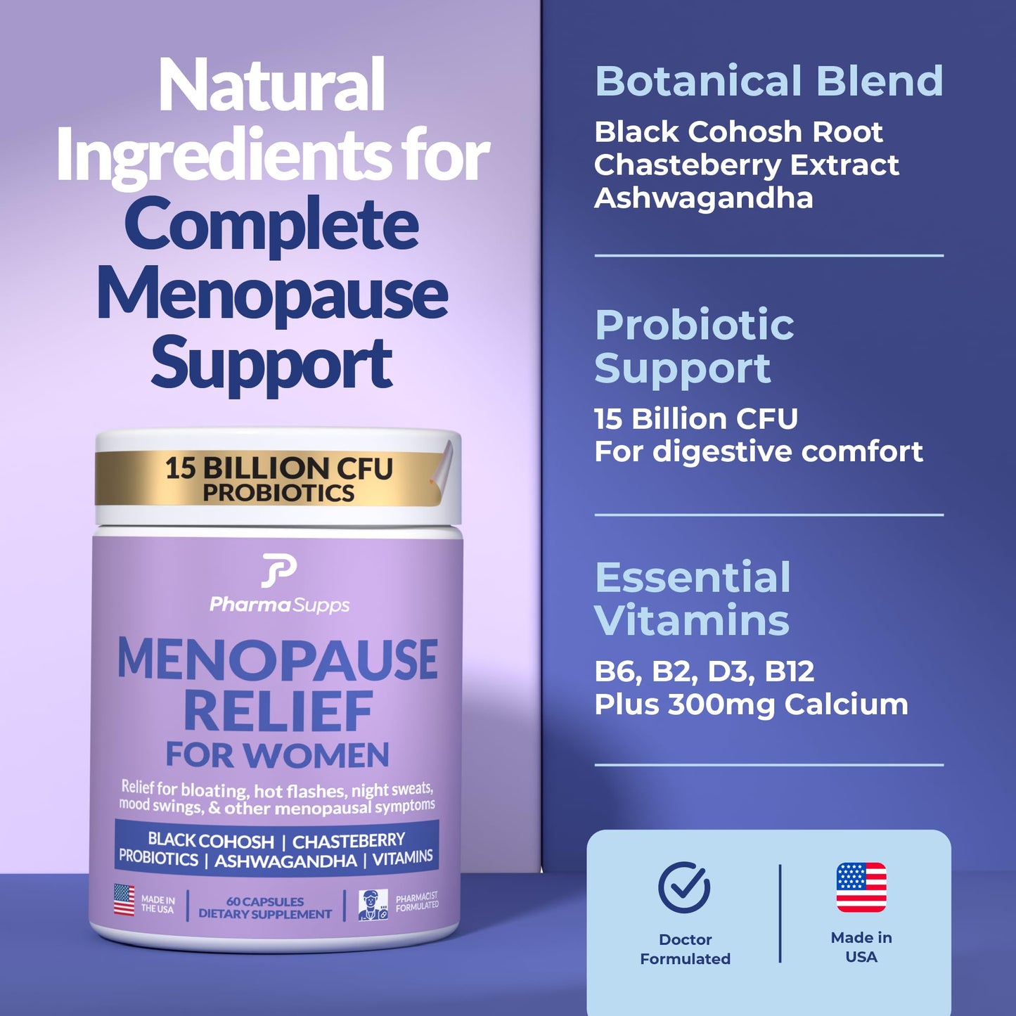 Natural Menopause Supplements for Women - Perimenopause Supplements for Hormonal Balance, Bloating & Mood Swings | Hot Flashes Menopause Relief w/Probiotics & Prebiotics, Black Cohosh & Chasteberry PharmaSuppsBuy Supplements Australia